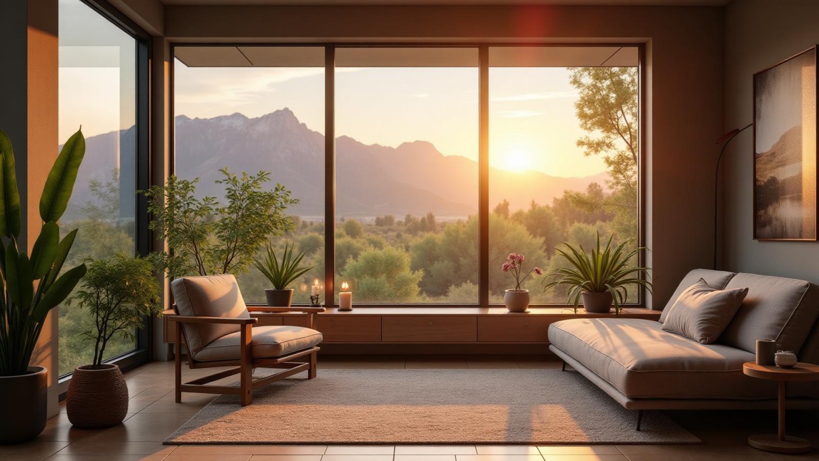 Serene therapy setting with Boulder Flatirons mountains in background, professional psilocybin therapy environment